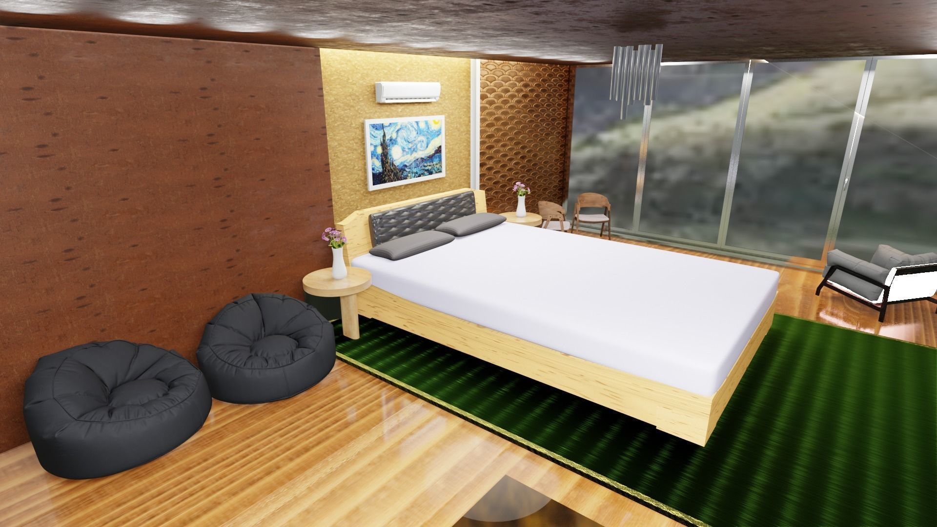 Bedroom room with bed and desk 3D model_1