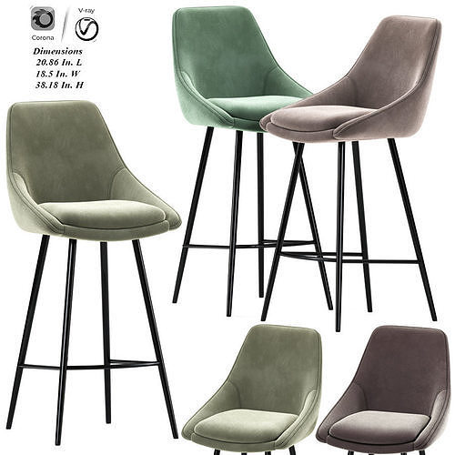 Porthos Home Gavi Velvet Bar Stool 3D model