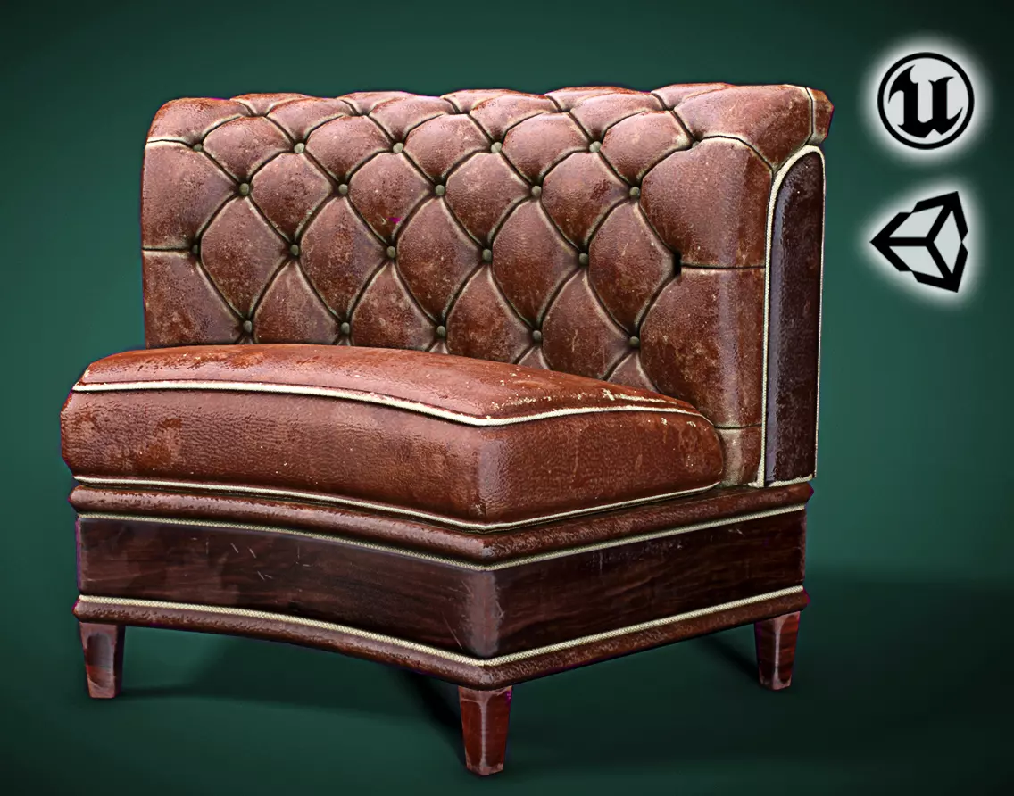 Leather sofa - couch - 3D VR AR game ready Low-poly 3D model_0