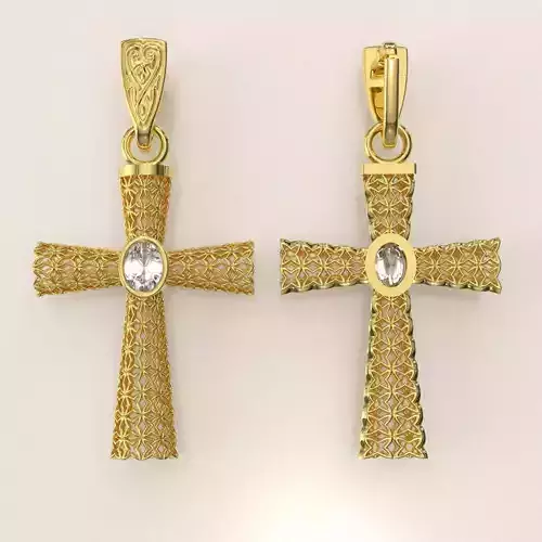 Cross 3D print model gold pendant with diamond in center