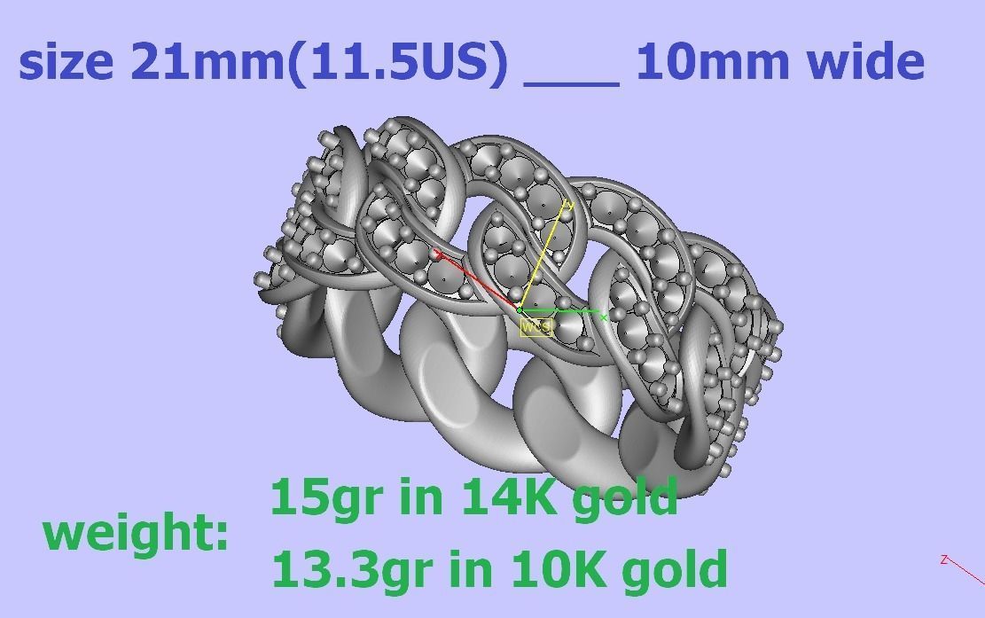 DIAMOND Cuban Link Chain Ring Stackable Ring 10mm wide 21mm SIZE 3D print model_10