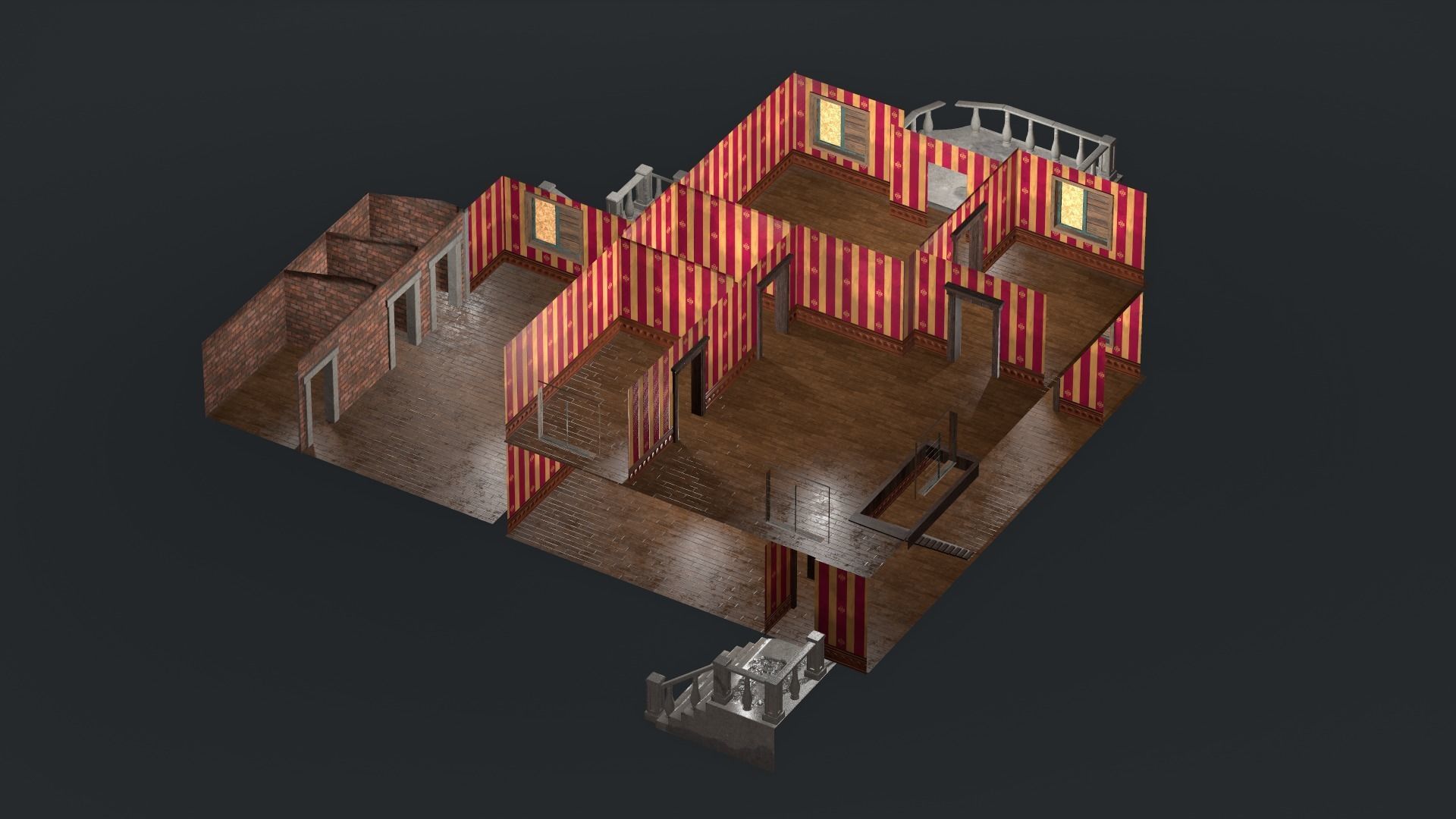 Post-apocalyptic Administrative Building w Interior Low-poly 3D model_2