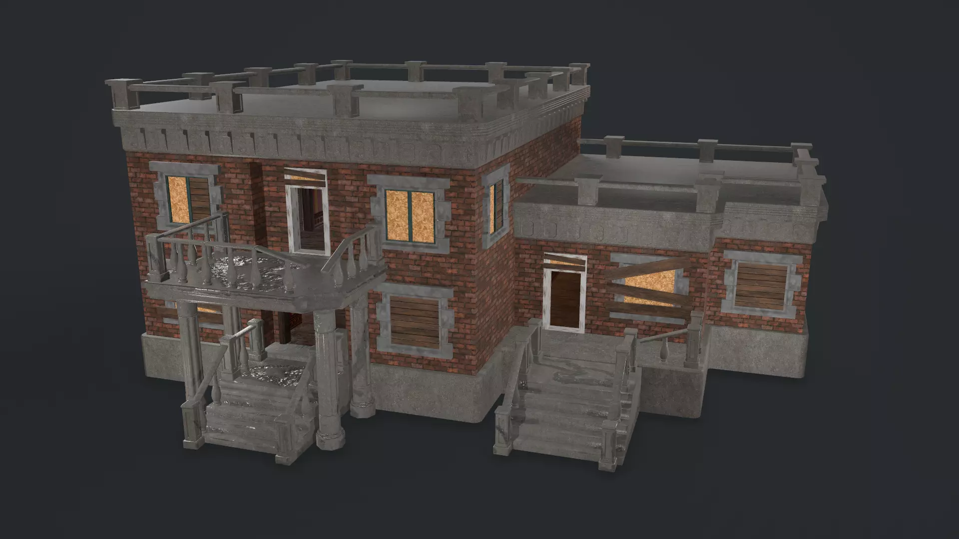 Post-apocalyptic Administrative Building w Interior Low-poly 3D model_0
