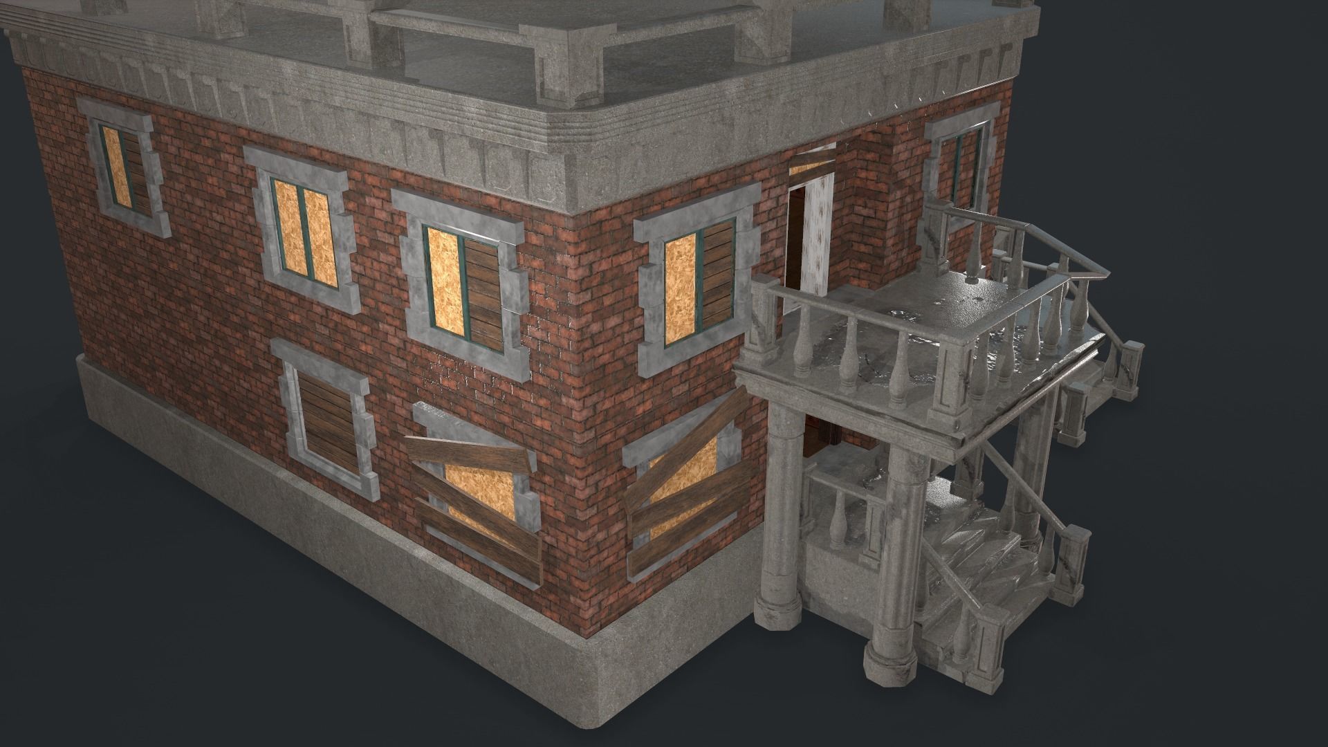 Post-apocalyptic Administrative Building w Interior Low-poly 3D model_9
