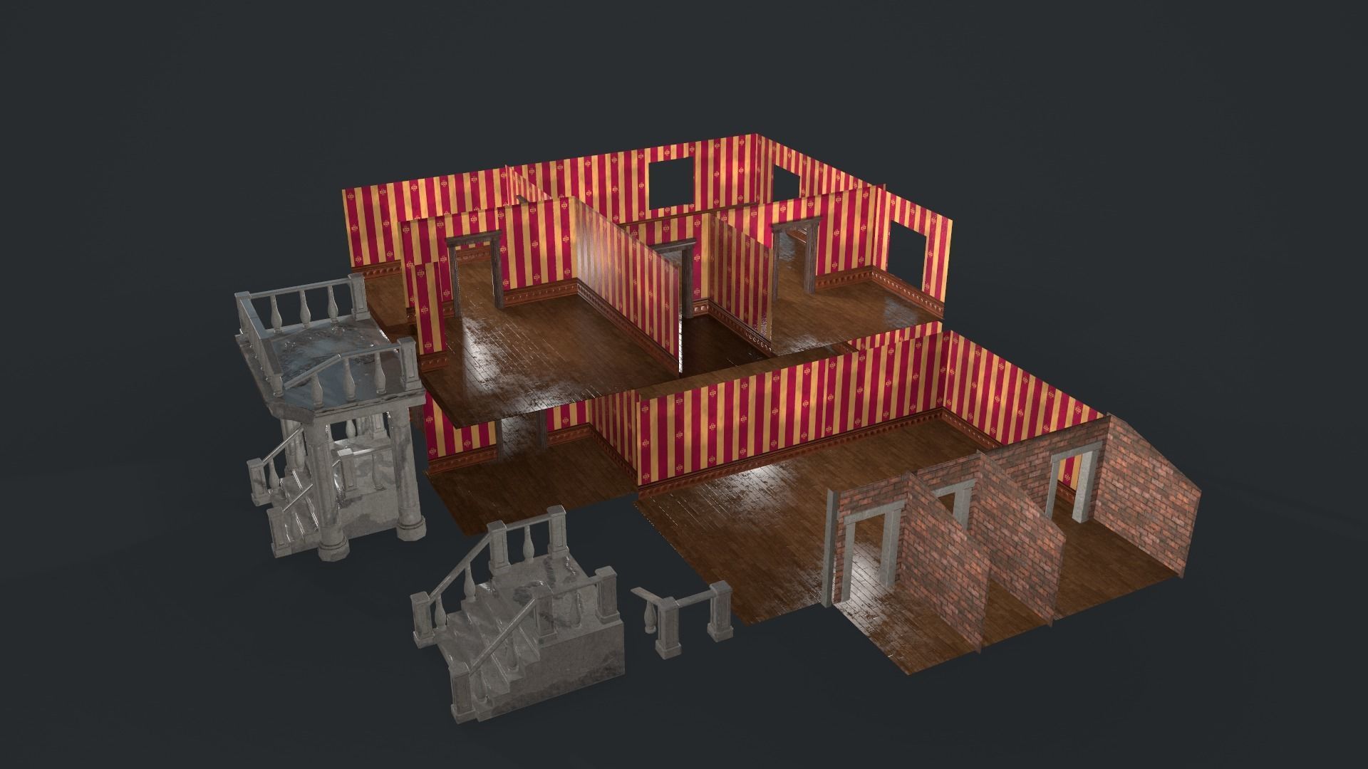 Post-apocalyptic Administrative Building w Interior Low-poly 3D model_1