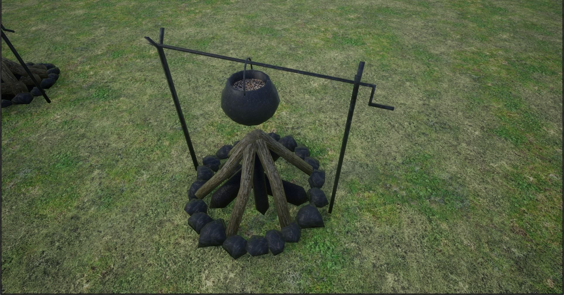 Lowpoly Campfires fire pit in middle of grassy field Low-poly 3D model_23