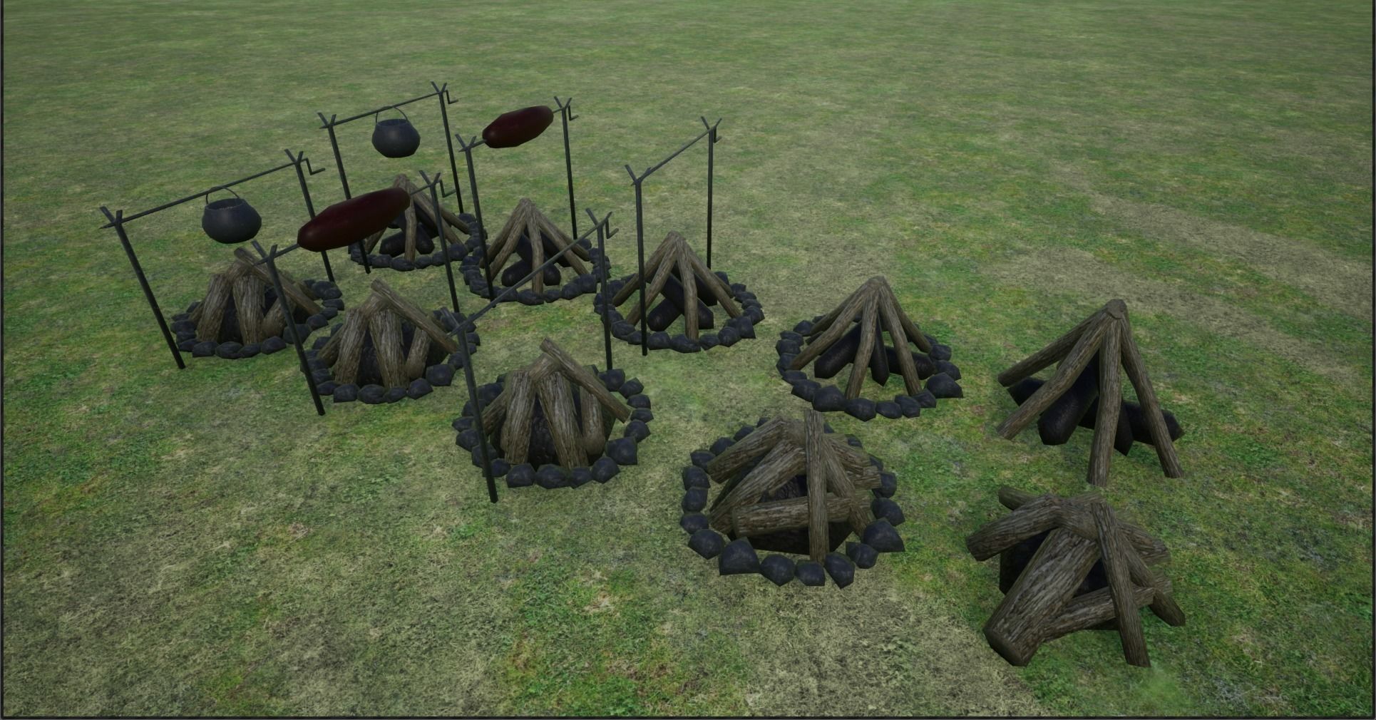 Lowpoly Campfires fire pit in middle of grassy field Low-poly 3D model_1