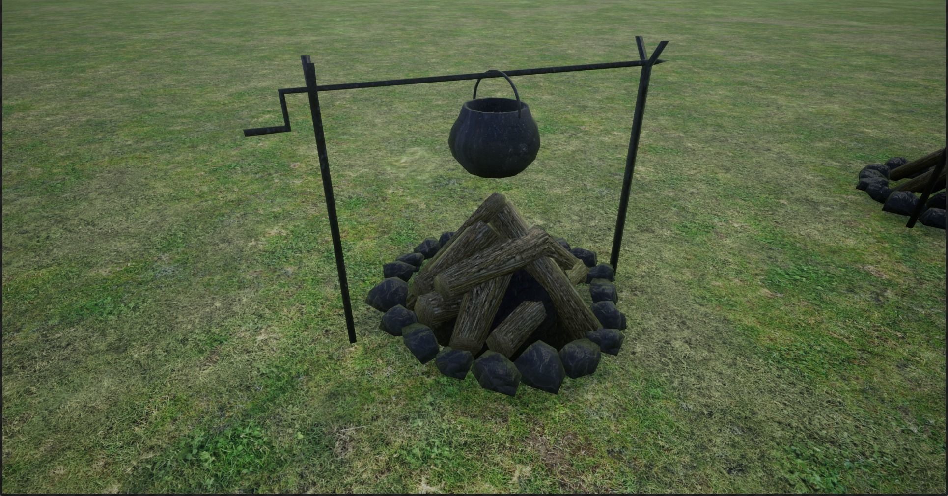 Lowpoly Campfires fire pit in middle of grassy field Low-poly 3D model_24