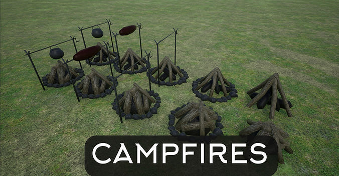 Lowpoly Campfires fire pit in middle of grassy field Low-poly 3D model