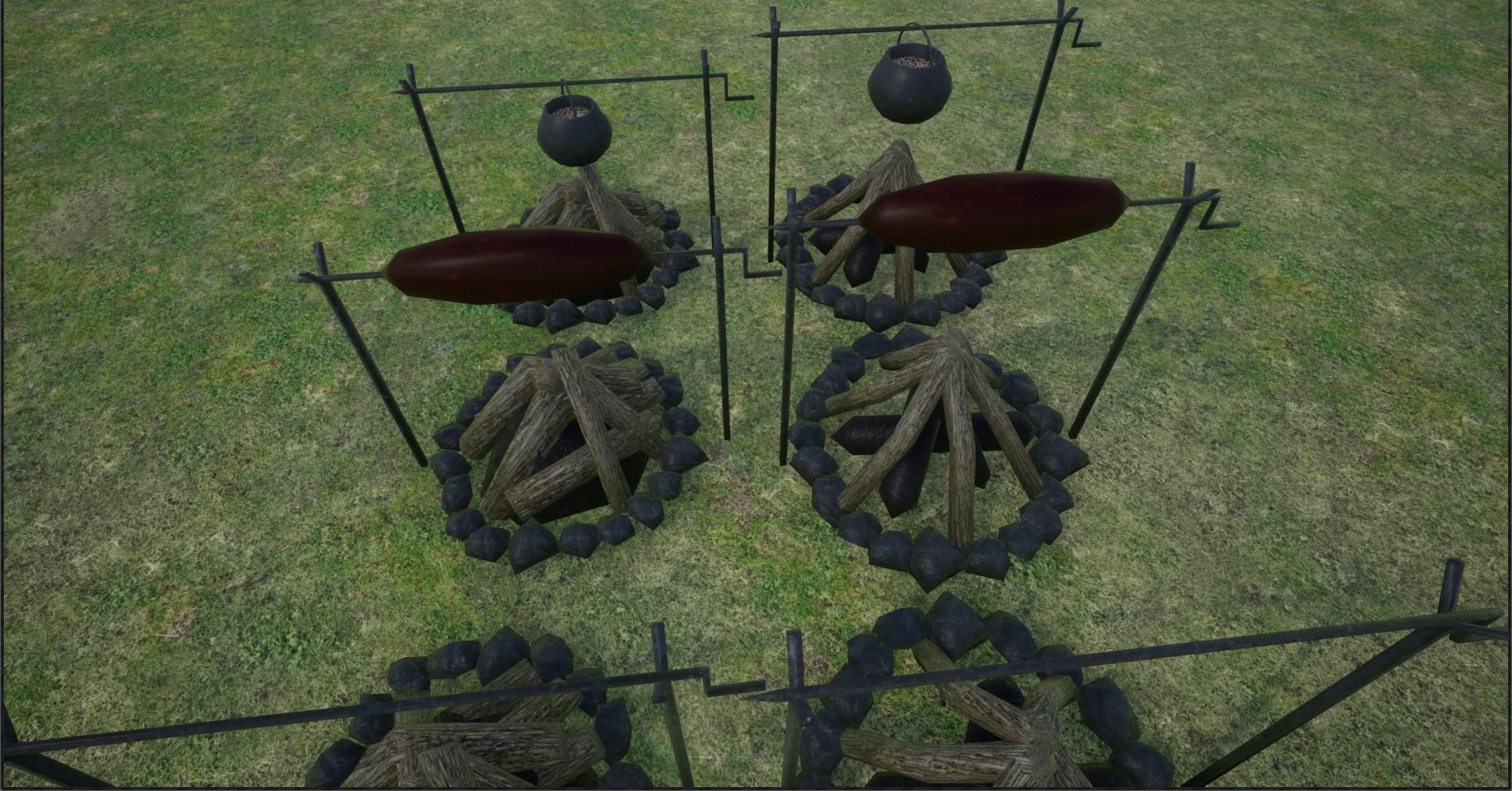 Lowpoly Campfires fire pit in middle of grassy field Low-poly 3D model_7