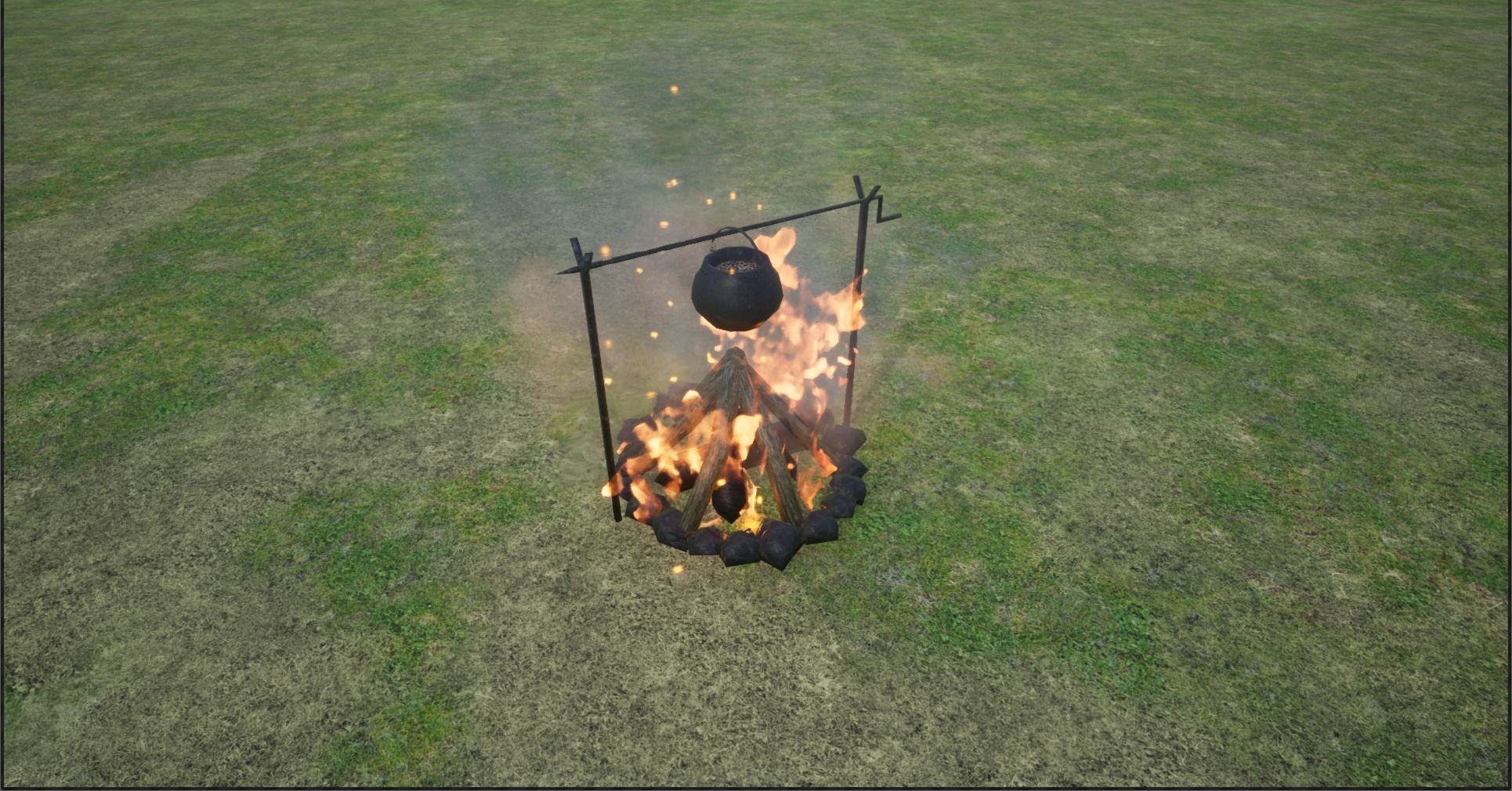 Lowpoly Campfires fire pit in middle of grassy field Low-poly 3D model_17