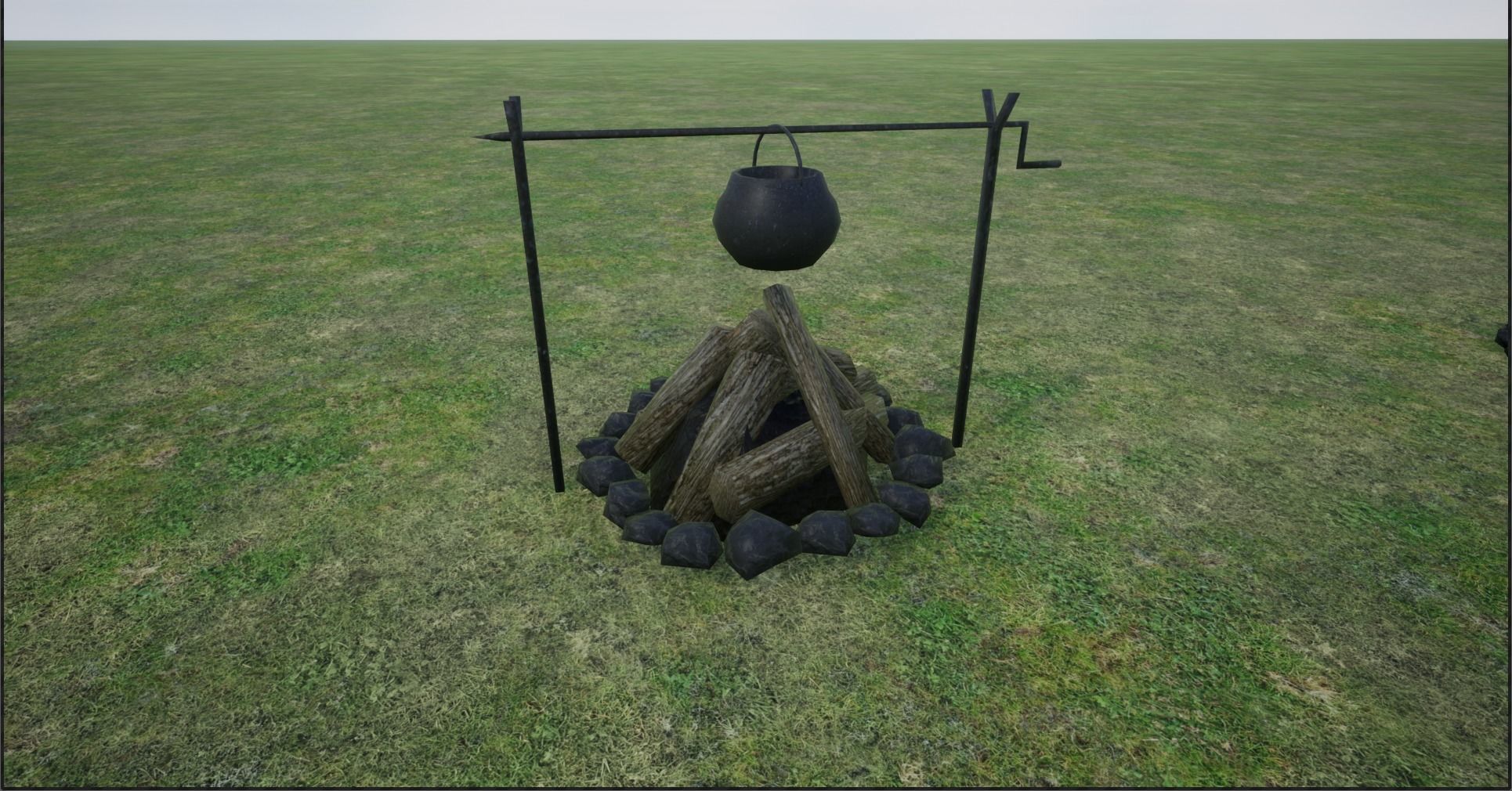 Lowpoly Campfires fire pit in middle of grassy field Low-poly 3D model_25