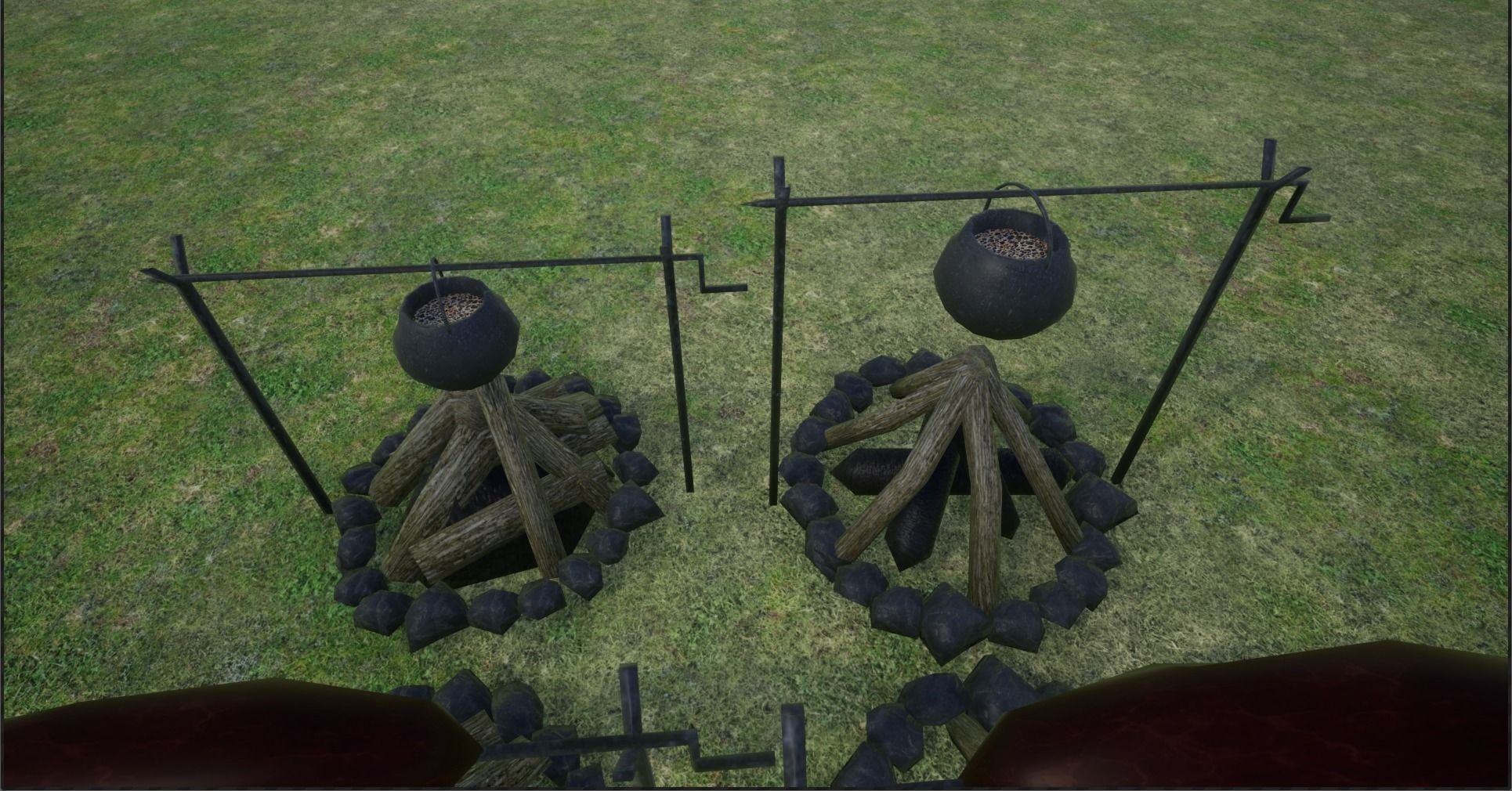 Lowpoly Campfires fire pit in middle of grassy field Low-poly 3D model_8