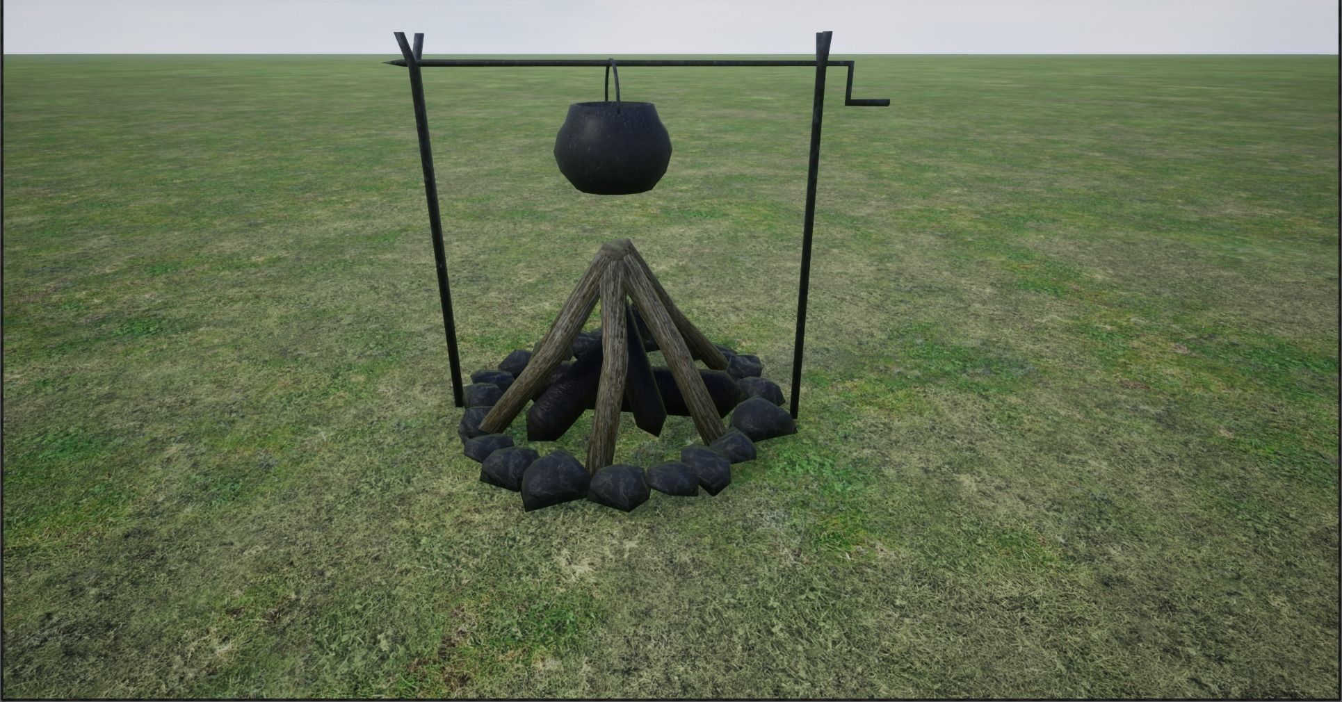 Lowpoly Campfires fire pit in middle of grassy field Low-poly 3D model_22