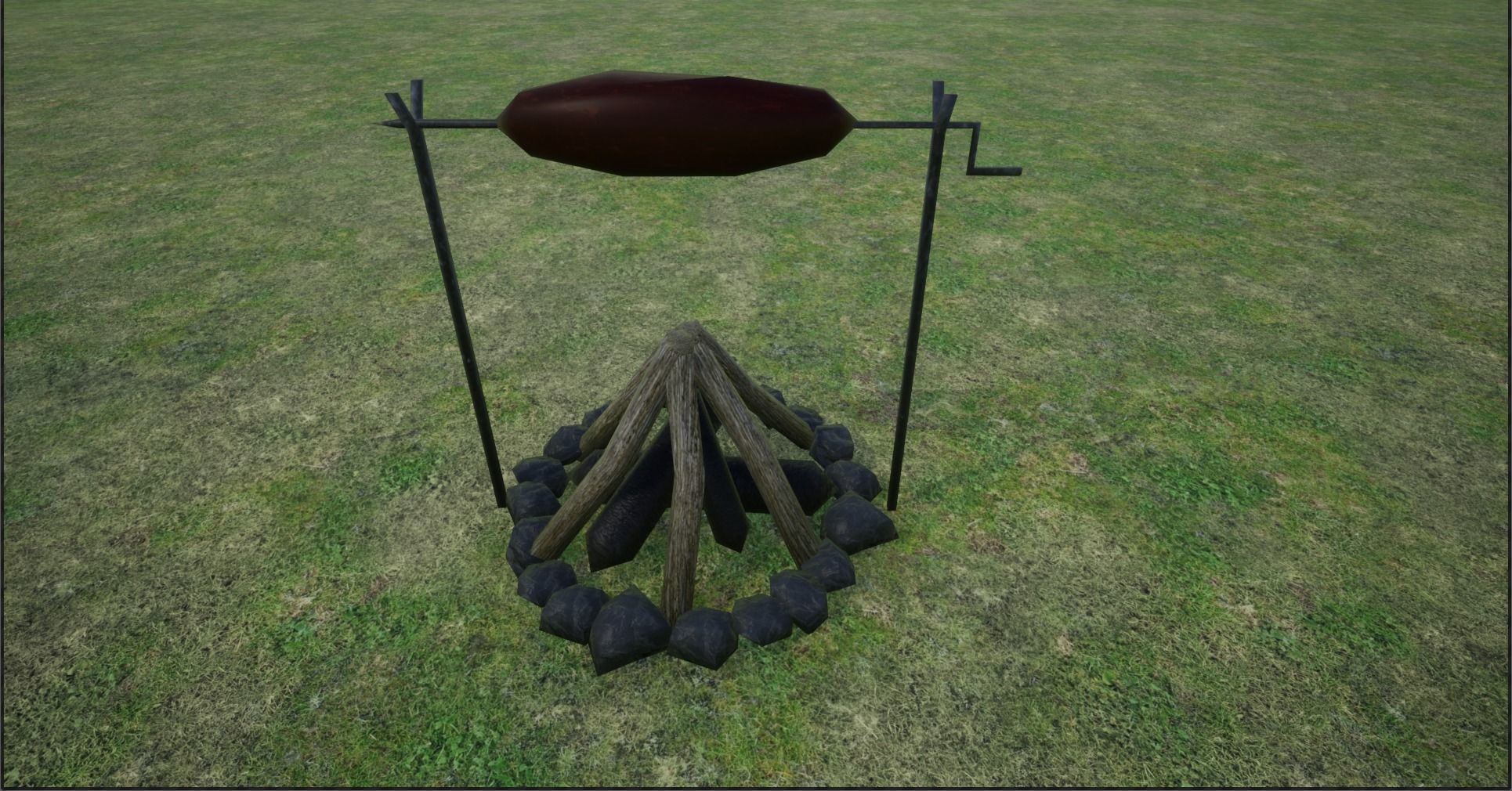 Lowpoly Campfires fire pit in middle of grassy field Low-poly 3D model_26