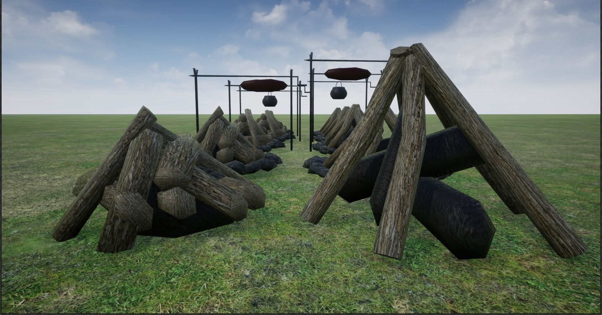 Lowpoly Campfires fire pit in middle of grassy field Low-poly 3D model_6