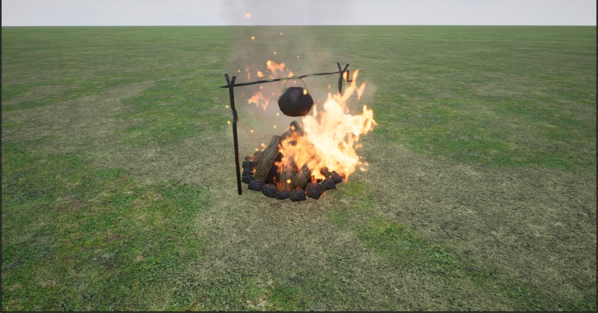 Lowpoly Campfires fire pit in middle of grassy field Low-poly 3D model_18