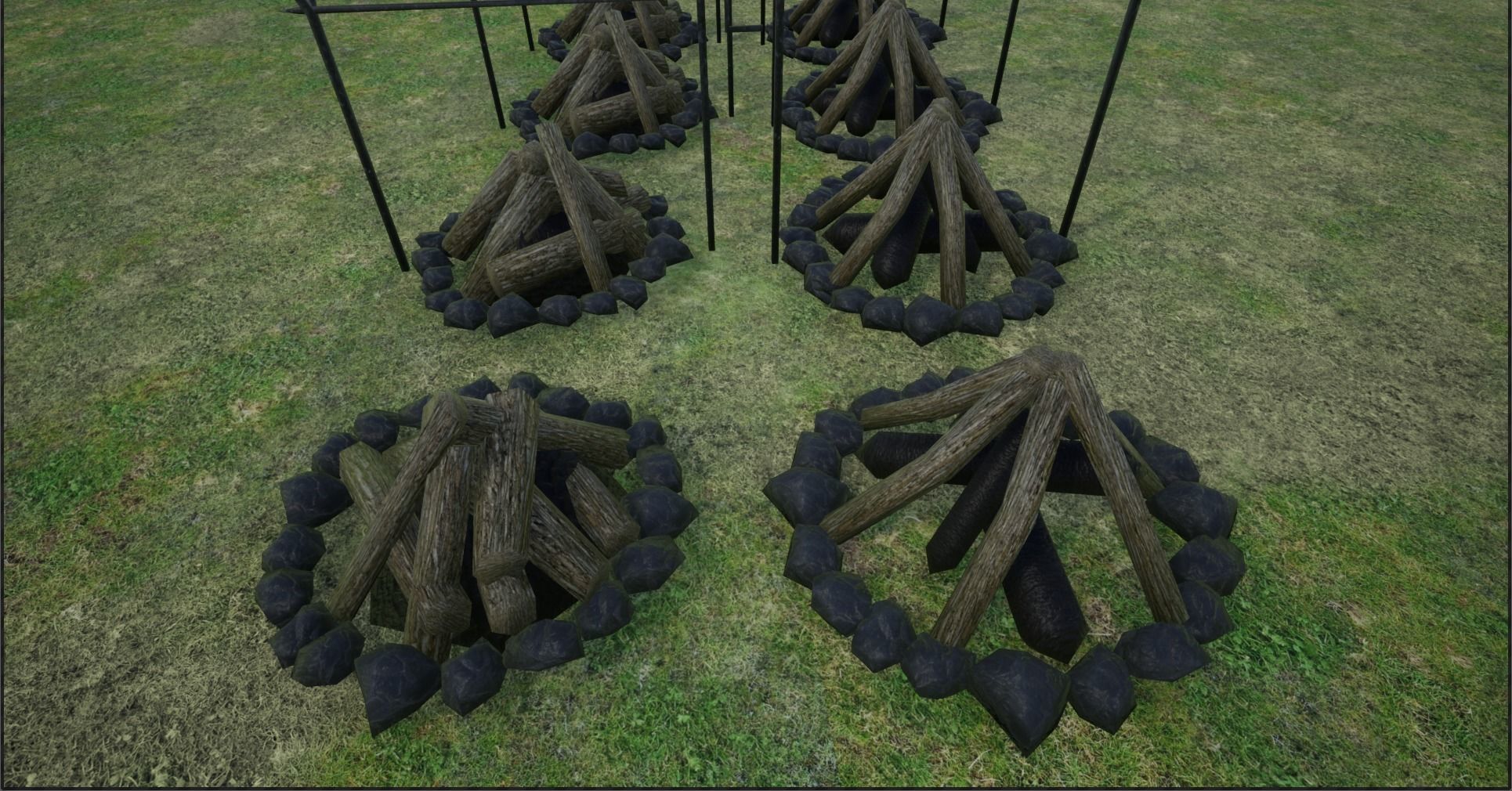 Lowpoly Campfires fire pit in middle of grassy field Low-poly 3D model_4