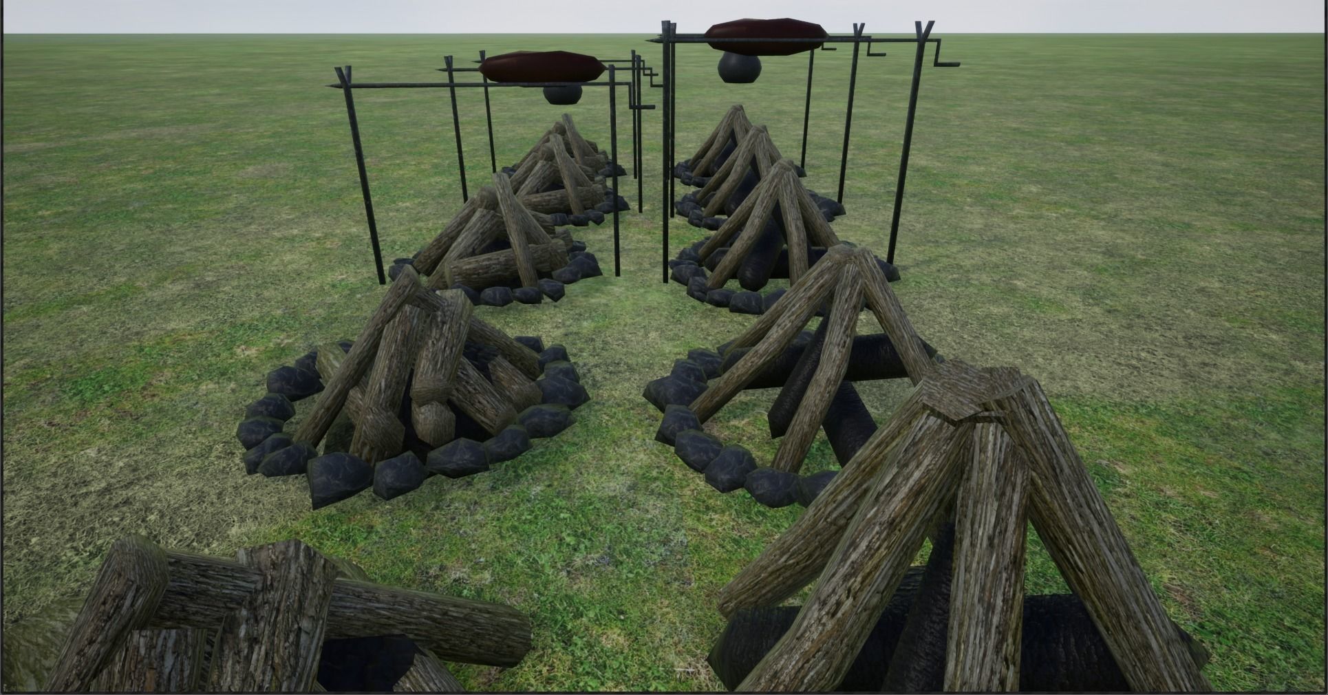 Lowpoly Campfires fire pit in middle of grassy field Low-poly 3D model_3