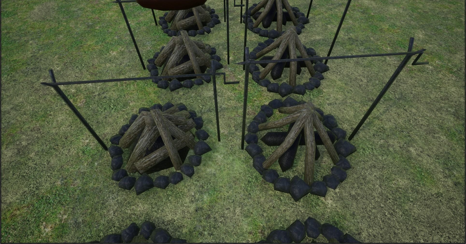 Lowpoly Campfires fire pit in middle of grassy field Low-poly 3D model_5