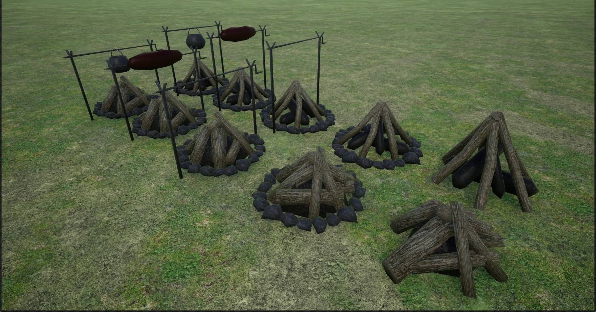 Lowpoly Campfires fire pit in middle of grassy field Low-poly 3D model_2
