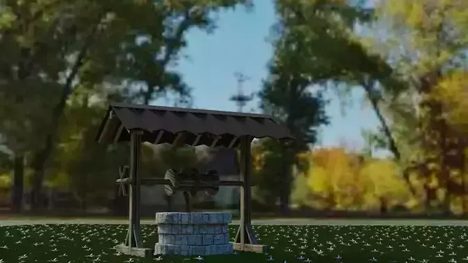 Stone Well with rope and mechanism 3D model