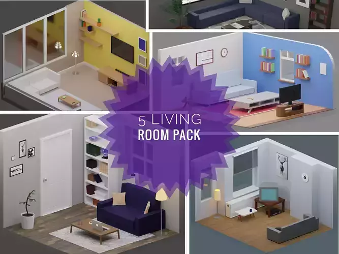 Low-Poly Living Rooms Pack - 5 Living Rooms Low-poly 3D model