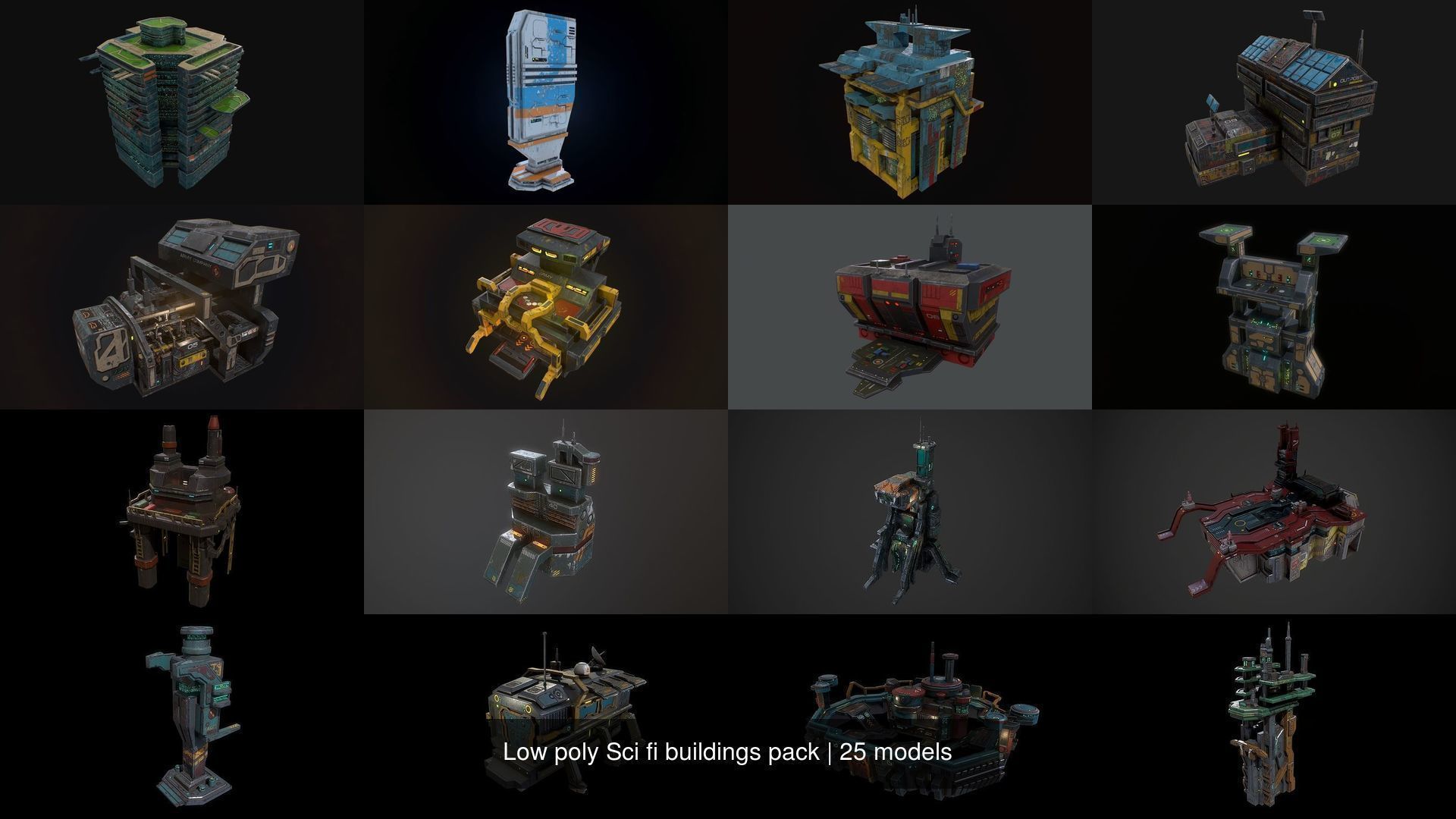 Low poly Sci fi buildings pack 3D Model Collection_0
