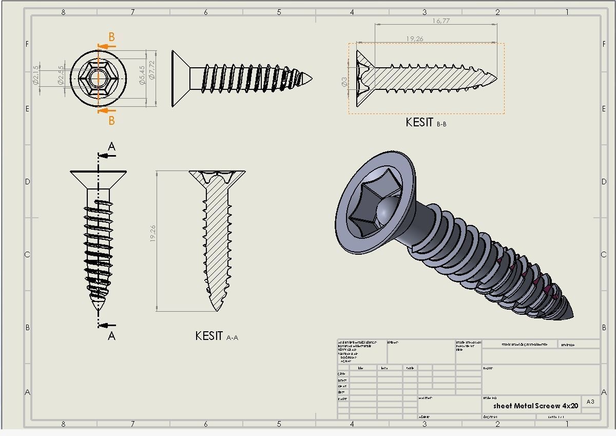3D Screw Metal Screw 4x20 Original Sizes Ready for 3D Print 3D print model_18