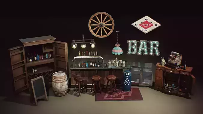 Game ready Furniture Props UE4 Realism Bar Low-poly 3D model