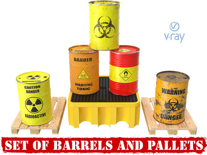 Set of barrels and pallets 3D model