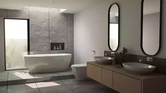 Bathroom 3D model modern with two sinks and bathtub