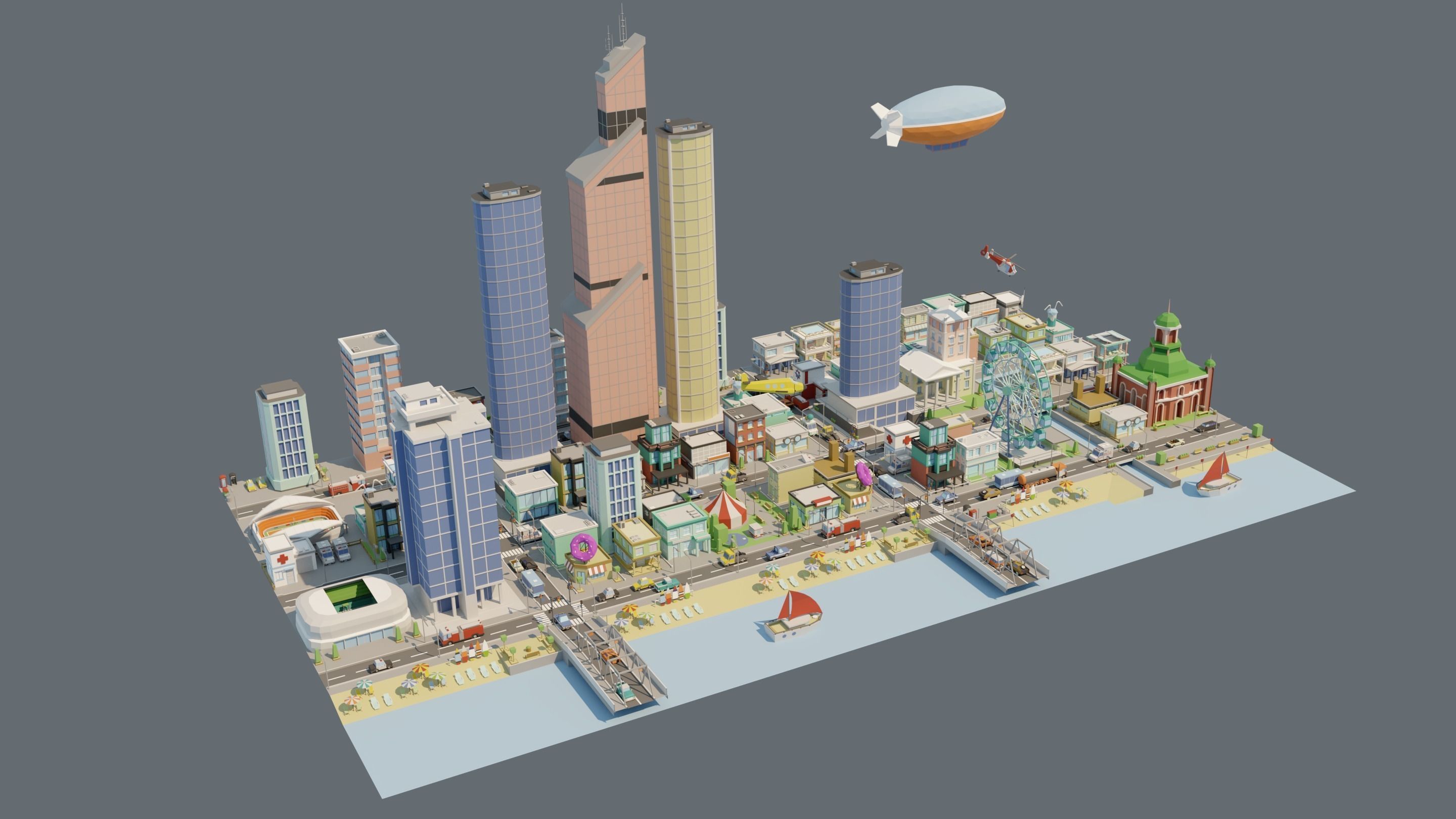 City low Poly 4 Tile pack  Low-poly 3D model_8