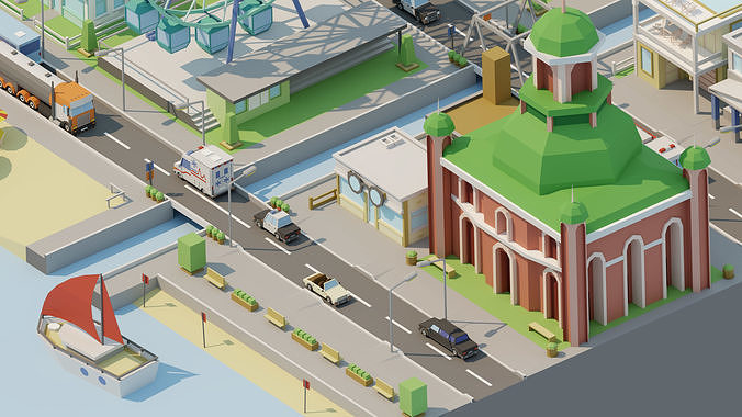 City low Poly 4 Tile pack  Low-poly 3D model 6