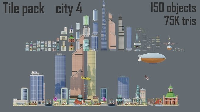 City low Poly 4 Tile pack  Low-poly 3D model 3