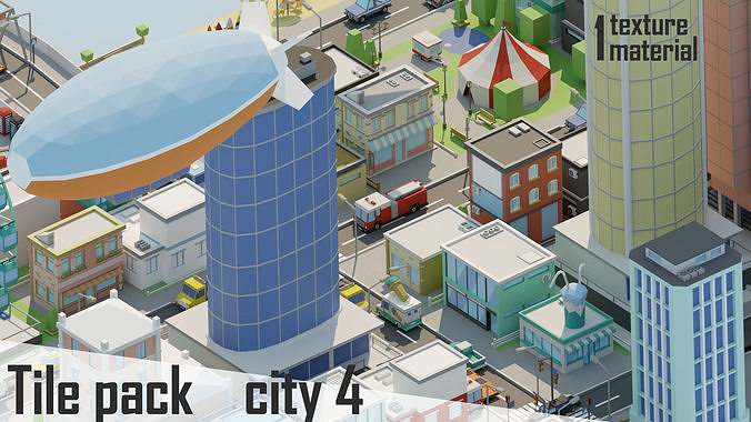 City low Poly 4 Tile pack  Low-poly 3D model 4