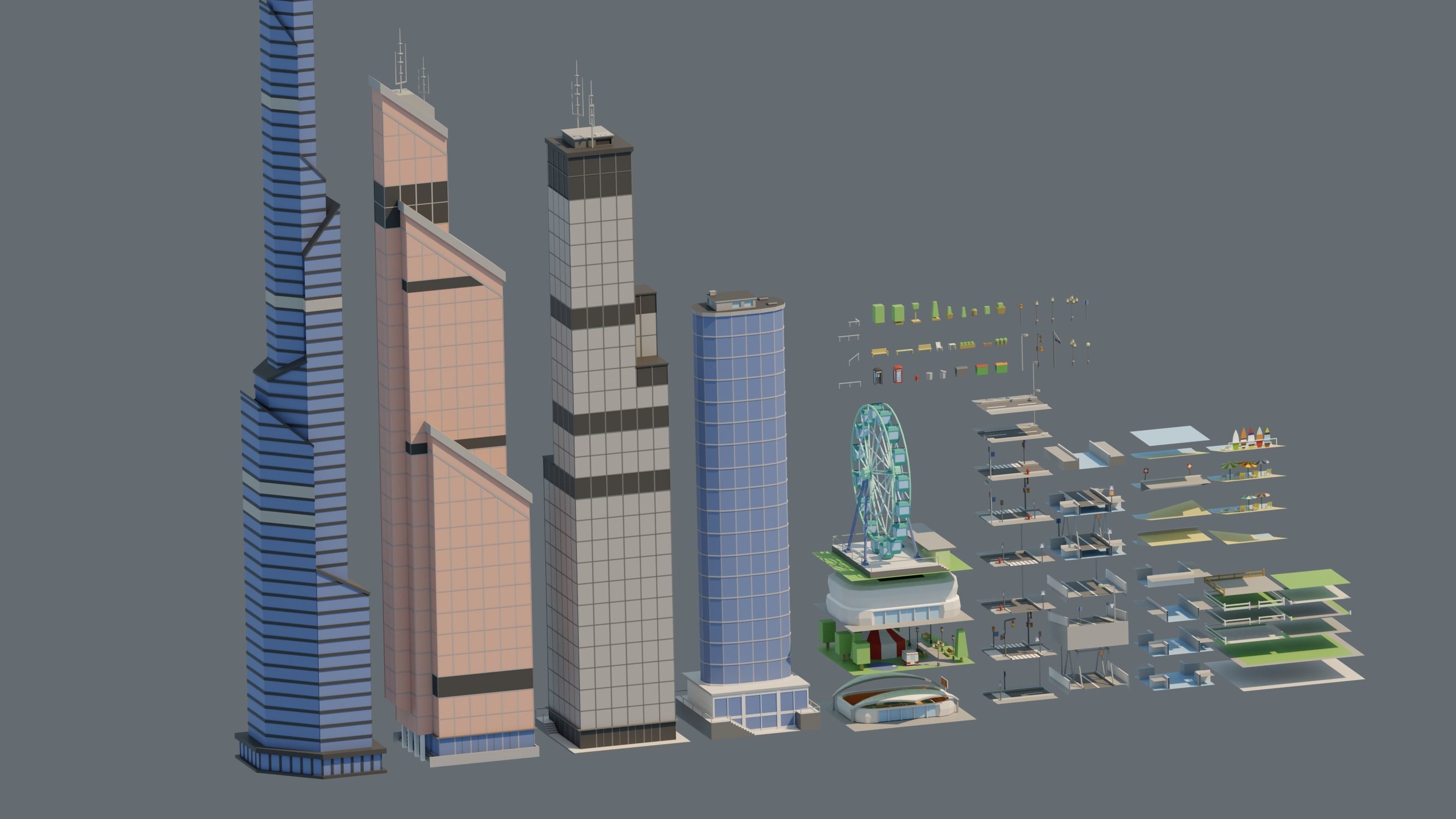 City low Poly 4 Tile pack  Low-poly 3D model_16