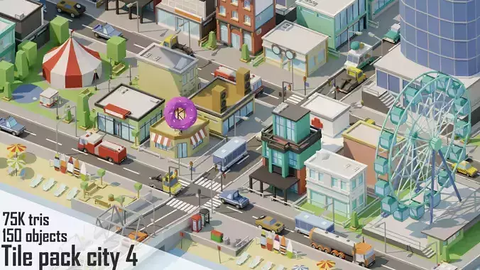 City low Poly 4 Tile pack  Low-poly 3D model