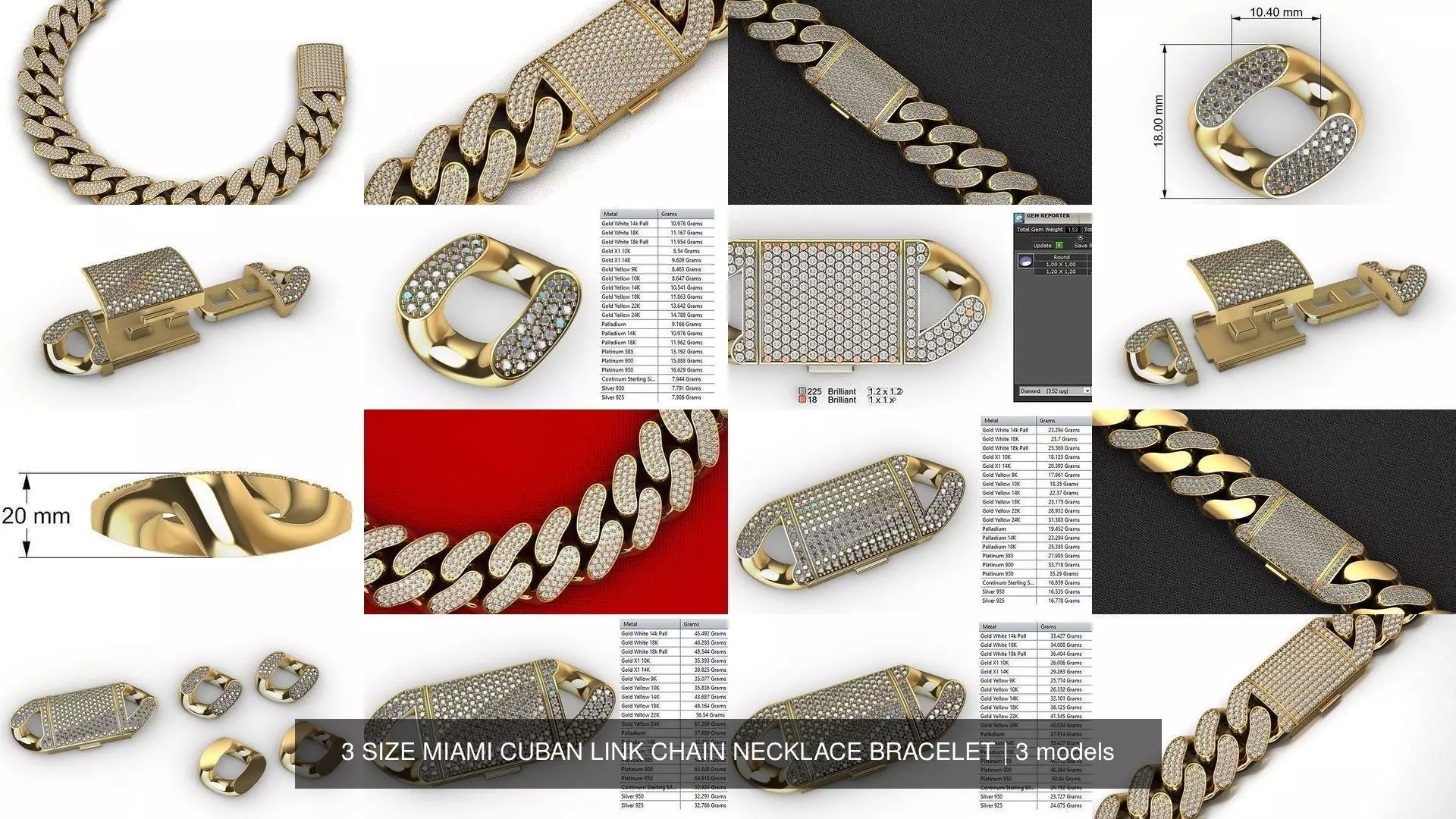 3 SIZE MIAMI CUBAN LINK CHAIN NECKLACE BRACELET 3D Model Collection_1