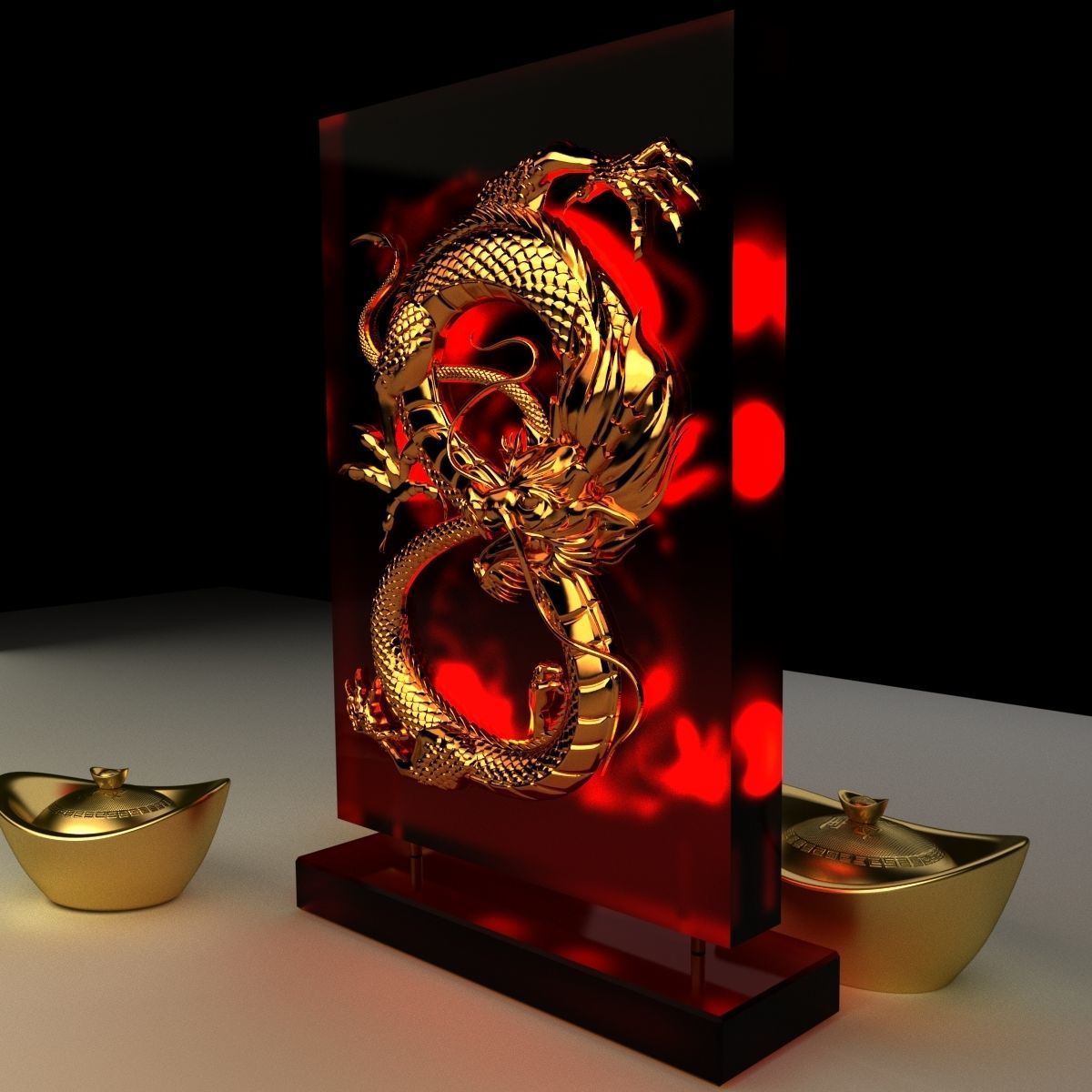 Chinese gold ingot with dragon pat 3D model_3