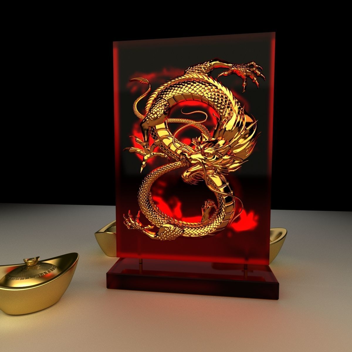 Chinese gold ingot with dragon pat 3D model_1