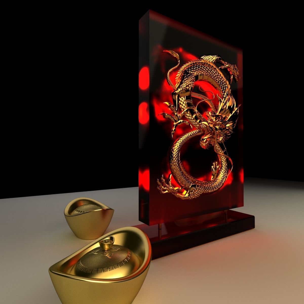 Chinese gold ingot with dragon pat 3D model_4