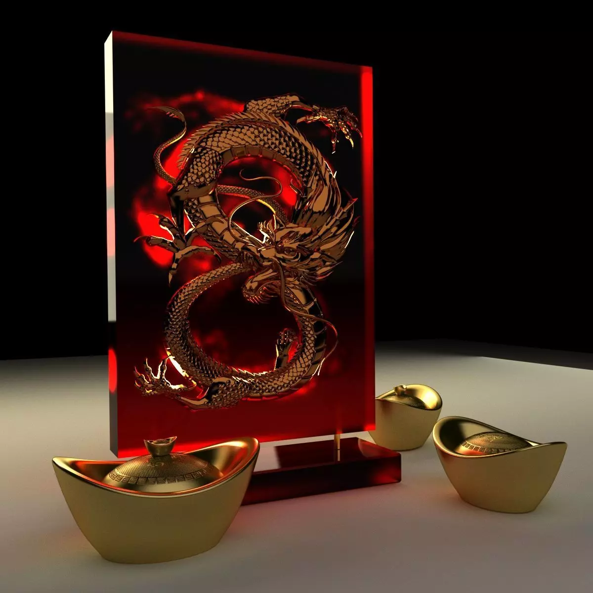 Chinese gold ingot with dragon pat 3D model_0