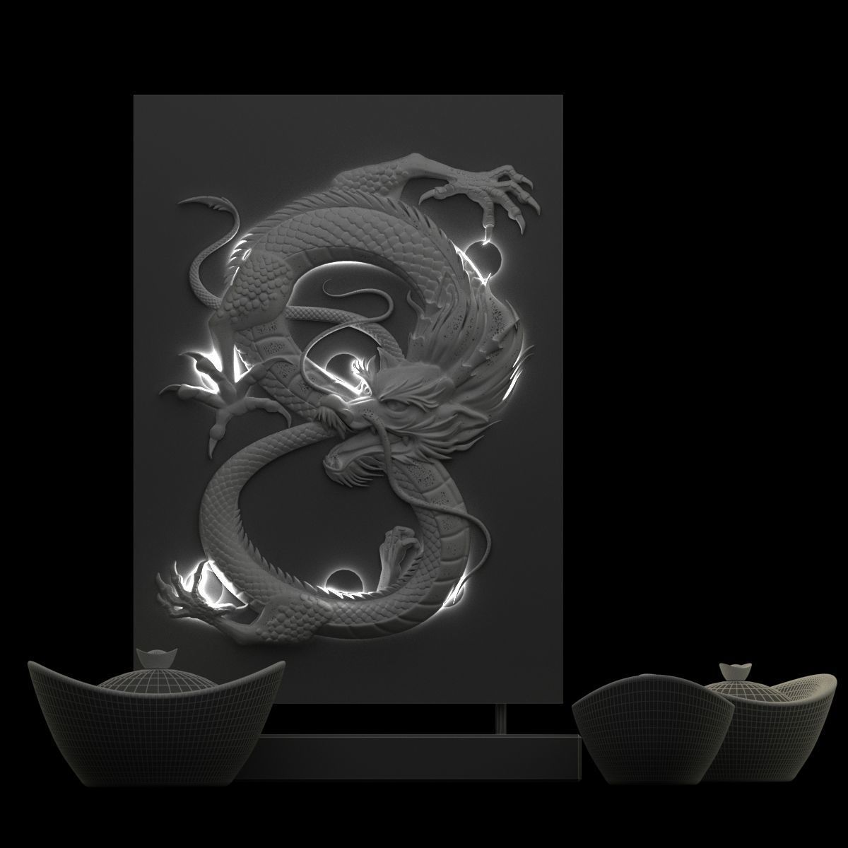 Chinese gold ingot with dragon pat 3D model_5