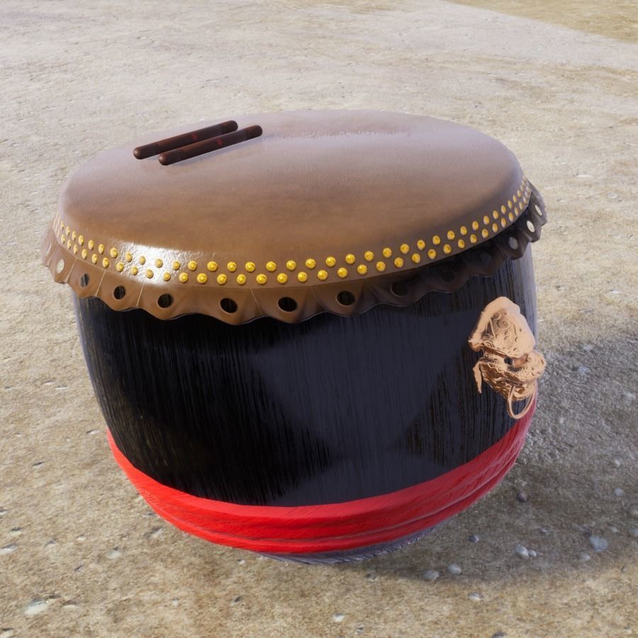 Chinese Lion Drum with Drumsticks Low-poly 3D model_2