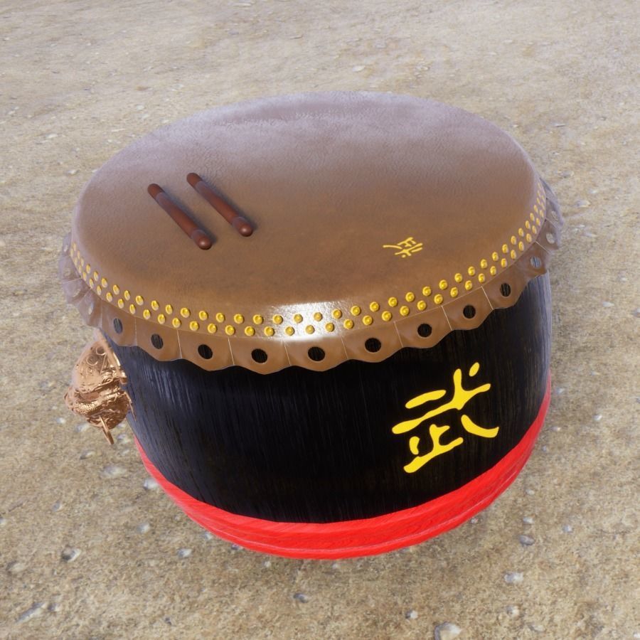 Chinese Lion Drum with Drumsticks Low-poly 3D model_5