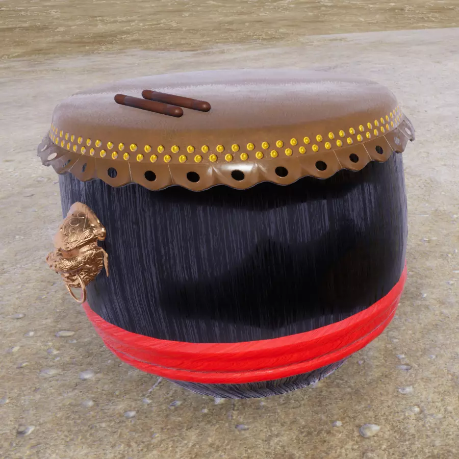 Chinese Lion Drum with Drumsticks Low-poly 3D model_0