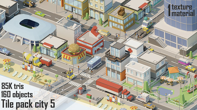 City low Poly 5 Tile pack  Low-poly 3D model 2