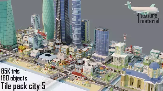 City low Poly 5 Tile pack  Low-poly 3D model