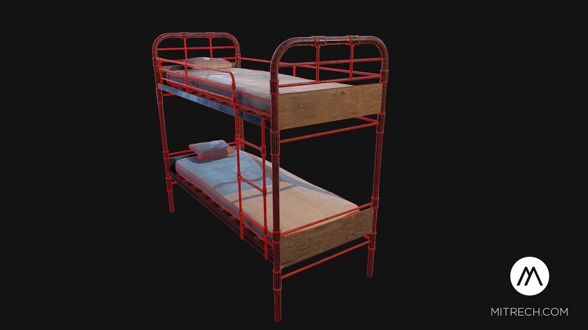 PBR Bunk Bed with Mattress and Pillows Low-poly 3D model_13